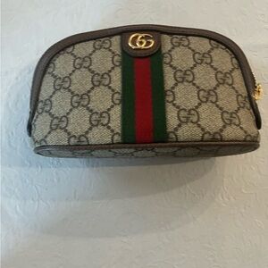 Gucci Beige and Brown Cosmetic Bag with Red and Green Stripe